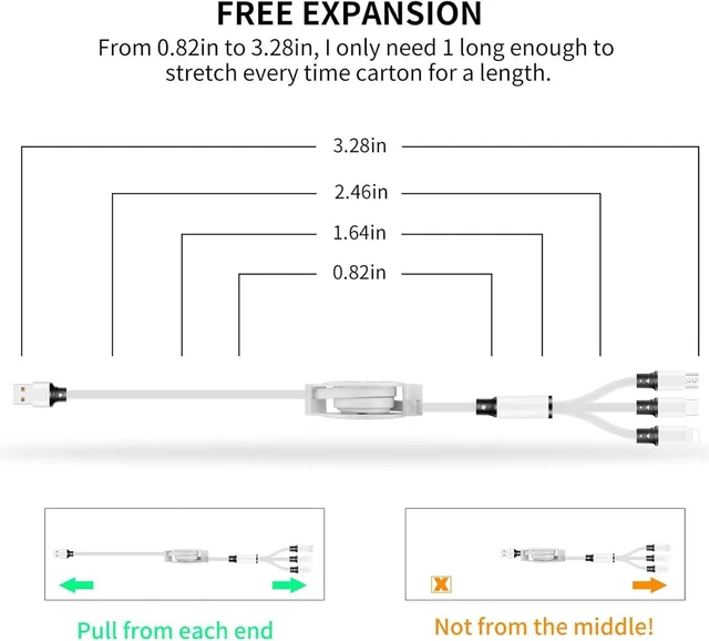 Alt view image 2 of 7 - Multi Charging Cable USB A to 3 in 1 Retractable Lightning/Type-C/Micro Port Fast Charger Cord for iPhone 17 16 15 14 13 12 Pro Max Galaxy S23/S22/S20 Cell Phones Tablets Universal Use (2Pack-3.3ft)