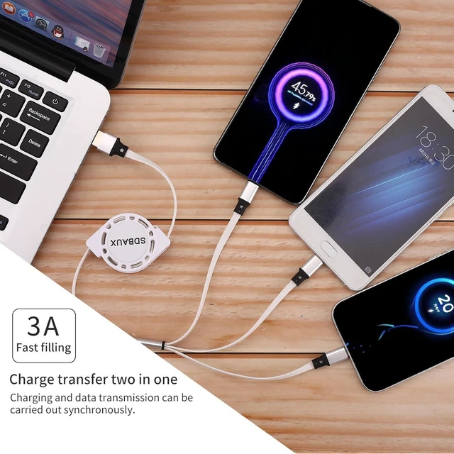 Alt view image 3 of 7 - Multi Charging Cable USB A to 3 in 1 Retractable Lightning/Type-C/Micro Port Fast Charger Cord for iPhone 17 16 15 14 13 12 Pro Max Galaxy S23/S22/S20 Cell Phones Tablets Universal Use (2Pack-3.3ft)