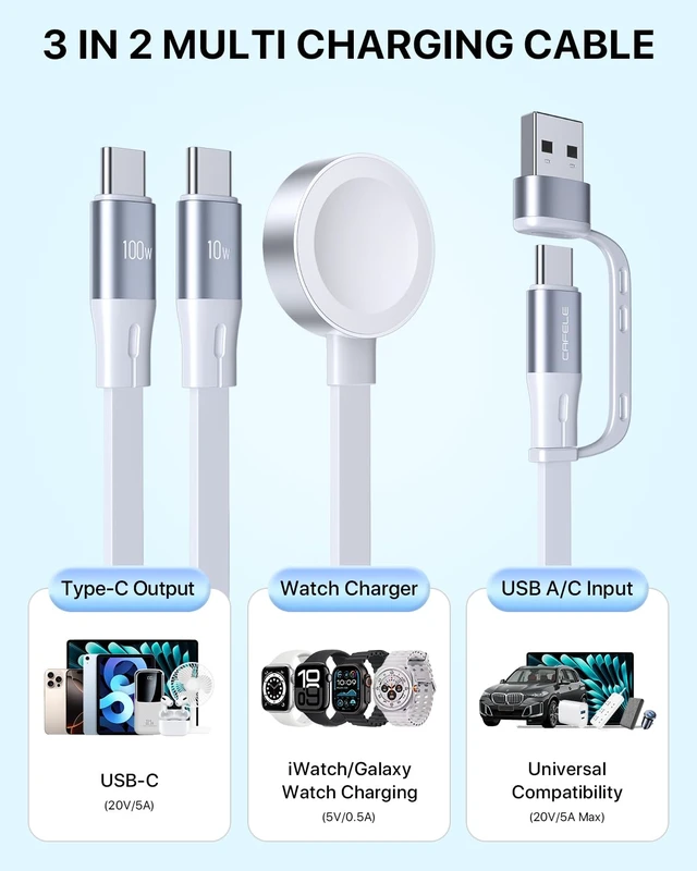 Alt view image 3 of 7 - 100W Retractable USB-C to USB-C 5A Fast Charging 3-in-1 Cable Features Magnetic Charging and Overheating Protection 4.5-Foot USB Type-C for Phone Notebook Pad WatchWhite