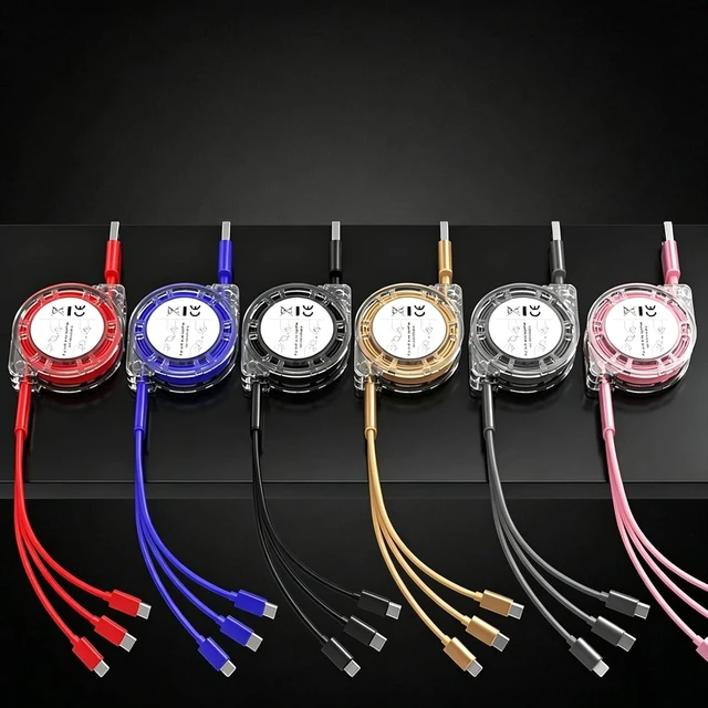 Main image of Retractable 3 in 1 Multi Fast Charging Cord Multi Charger Cable with Lightning Micro USB Type C Connectors Universal Fast Charging Cable for iPhone iPad PS Tablets and More Black 1 Pack