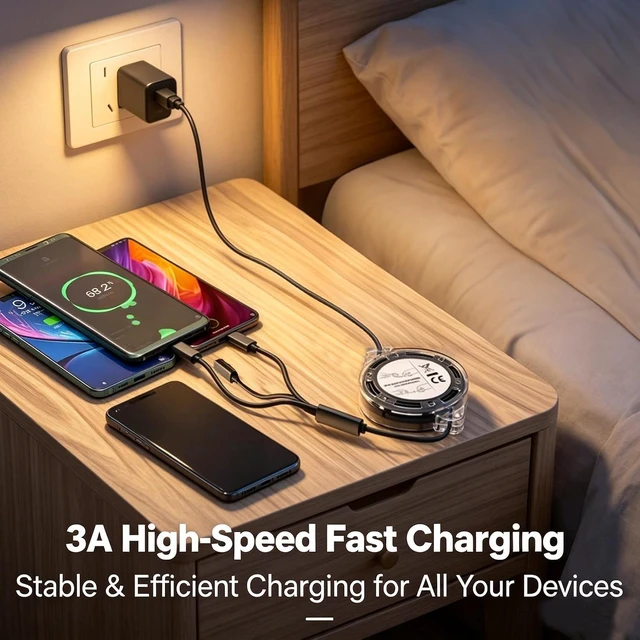Alt view image 4 of 7 - Retractable 3 in 1 Multi Fast Charging Cord Multi Charger Cable with Lightning Micro USB Type C Connectors Universal Fast Charging Cable for iPhone iPad PS Tablets and More Black 1 Pack