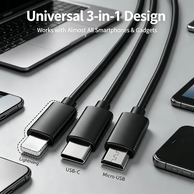 Alt view image 5 of 7 - Retractable 3 in 1 Multi Fast Charging Cord Multi Charger Cable with Lightning Micro USB Type C Connectors Universal Fast Charging Cable for iPhone iPad PS Tablets and More Black 1 Pack