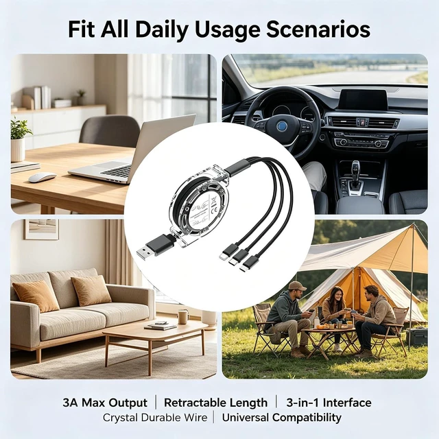Alt view image 3 of 7 - Retractable 3 in 1 Multi Fast Charging Cord Multi Charger Cable with Lightning Micro USB Type C Connectors Universal Fast Charging Cable for iPhone iPad PS Tablets and More Black 1 Pack