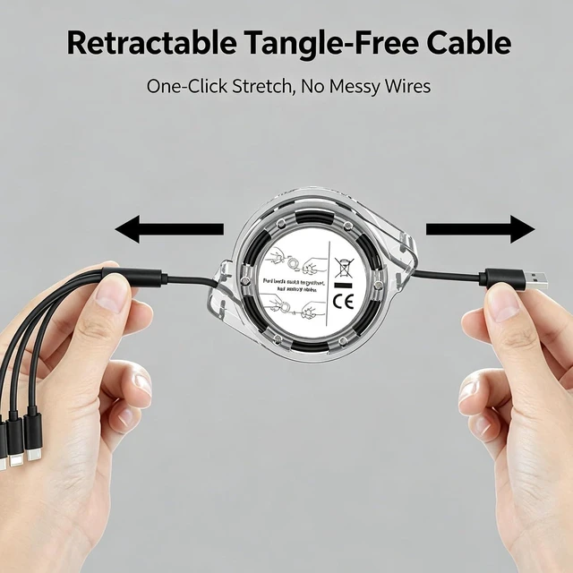 Alt view image 7 of 7 - Retractable 3 in 1 Multi Fast Charging Cord Multi Charger Cable with Lightning Micro USB Type C Connectors Universal Fast Charging Cable for iPhone iPad PS Tablets and More Black 1 Pack