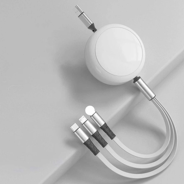Main image of Retractable USB C Cable 100W PD 3-in-1 Fast Charging Cable with Adjustable 12-52inch Length Type-C & Micro USB Charger Cord Tangle-Free Portable Cable for Phones Tablets Laptops and Travel White