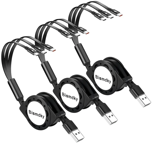 Main image of 3 Pack 3-in-1 Retractable USB C Splitter Cableand Data Transfer Fast Charging QC3.0 Multiple Cord with Type C Port Adapter for iPhone 17/16/15 Series iPad Android and Tablets Smartphones (black)