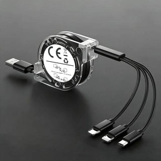 Main image of 3-in-1 Retractable Fast Charging Cable Multi-Function Charging Cord with USB C & Micro USB Connectors Portable Universal Charger Cable for iPhone iPad Tablet PS Android Devices & More (Black)