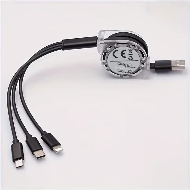 Alt view image 2 of 5 - 3-in-1 Retractable Fast Charging Cable Multi-Function Charging Cord with USB C & Micro USB Connectors Portable Universal Charger Cable for iPhone iPad Tablet PS Android Devices & More (Black)