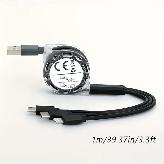Alt view image 3 of 5 - 3-in-1 Retractable Fast Charging Cable Multi-Function Charging Cord with USB C & Micro USB Connectors Portable Universal Charger Cable for iPhone iPad Tablet PS Android Devices & More (Black)