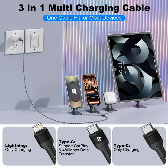 Alt view image 2 of 7 - Multi Charging Cable 3 in 1 Charging Cable for iPhone 17/18Pro