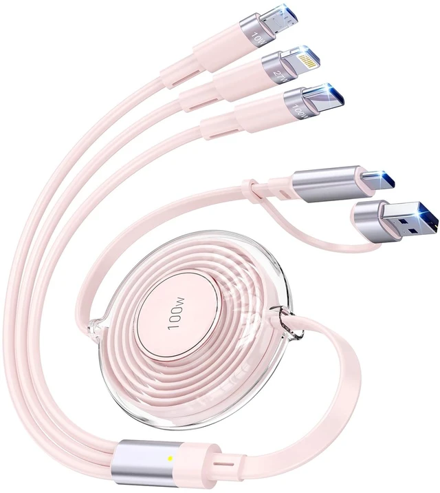 Main image of 100W 6-in-1 Retractable Multi Charging Cable USB C/Lightning/Micro Multi Charger Cords for iPhones iPads MacBook Tablets Galaxy Note & More - 4Ft/1.2M 5A Fast Charging Durable & Portable Pink