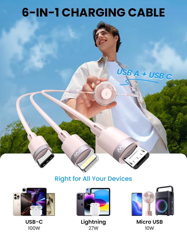 Alt view image 2 of 7 - 100W 6-in-1 Retractable Multi Charging Cable USB C/Lightning/Micro Multi Charger Cords for iPhones iPads MacBook Tablets Galaxy Note & More - 4Ft/1.2M 5A Fast Charging Durable & Portable Pink