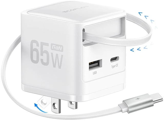 Main image of 65W USB C Charger with Retractable Cable 3-in-1 Phone Charger with Type C Cable 2-Port Fast Charger Compatible with iPhone 17 16 Pro Max iPad Galaxy S25 Steam Deck (White)