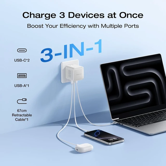 Alt view image 3 of 7 - 65W USB C Charger with Retractable Cable 3-in-1 Phone Charger with Type C Cable 2-Port Fast Charger Compatible with iPhone 17 16 Pro Max iPad Galaxy S25 Steam Deck (White)
