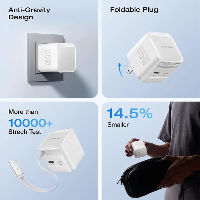 Alt view image 7 of 7 - 65W USB C Charger with Retractable Cable 3-in-1 Phone Charger with Type C Cable 2-Port Fast Charger Compatible with iPhone 17 16 Pro Max iPad Galaxy S25 Steam Deck (White)