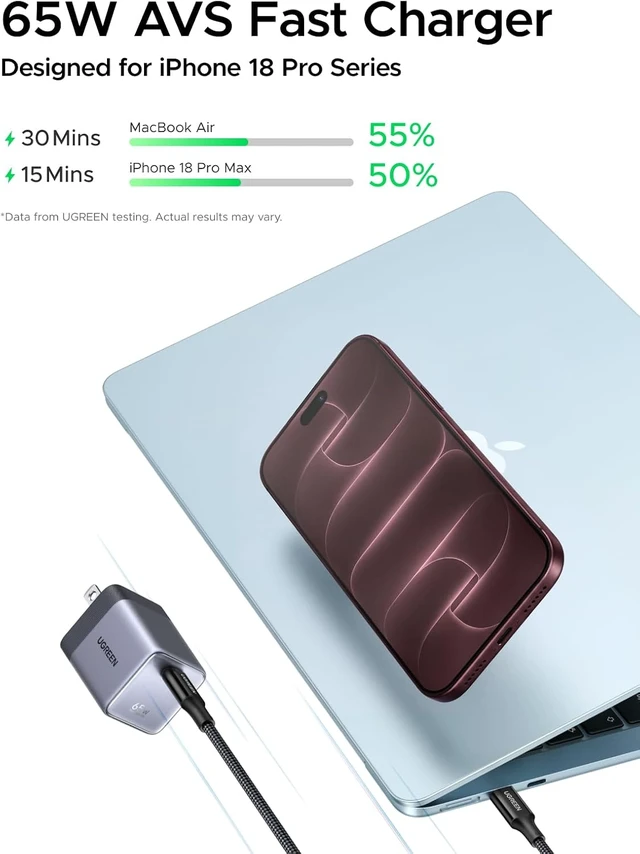 Alt view image 2 of 7 - Nexode Air 65W USB C GaN Charger Block with 3.3ft Cable Gray