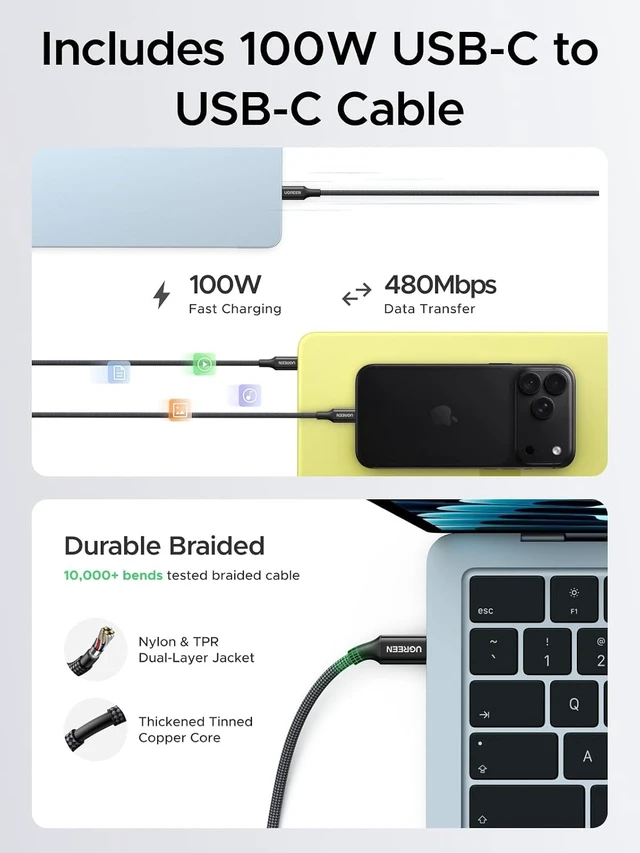 Alt view image 5 of 7 - Nexode Air 65W USB C GaN Charger Block with 3.3ft Cable Gray
