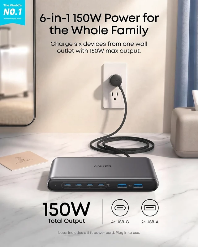 Alt view image 2 of 6 - Travel Charging Station 150W Slim USB C Charger 4 USB C 2 USB A