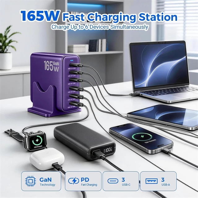 Alt view image 2 of 7 - 165W GaN Charger Station 6 Port USB C Desktop Fast Charger Purple