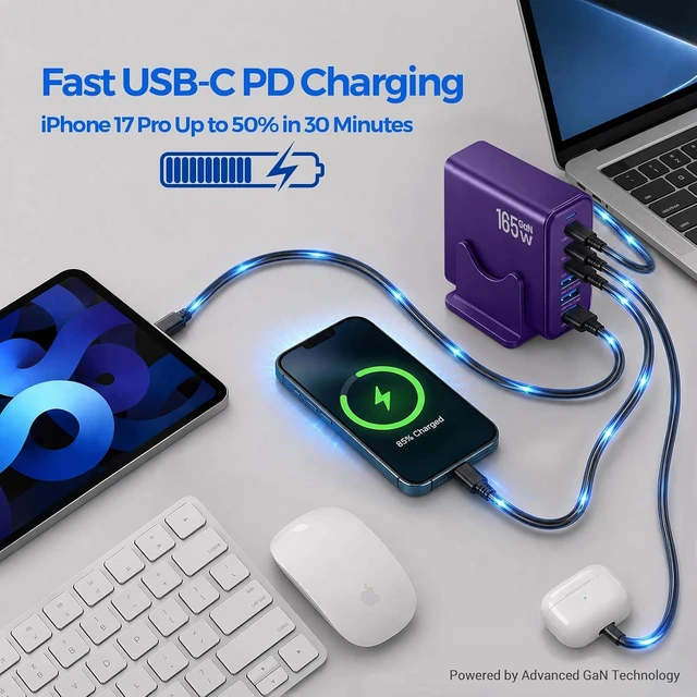 Alt view image 3 of 7 - 165W GaN Charger Station 6 Port USB C Desktop Fast Charger Purple