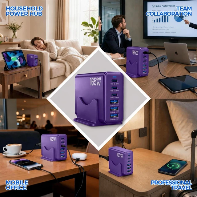Alt view image 4 of 7 - 165W GaN Charger Station 6 Port USB C Desktop Fast Charger Purple