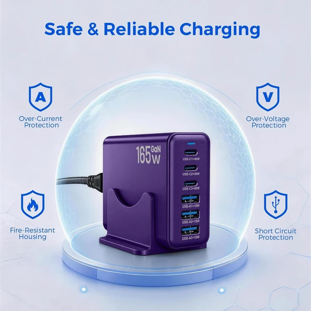 Alt view image 5 of 7 - 165W GaN Charger Station 6 Port USB C Desktop Fast Charger Purple