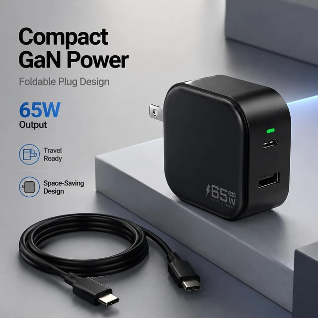 Alt view image 2 of 7 - 65W GaN 1C1A Charger with 3.3ft USB?C Cable Foldable Plug for Laptops Black