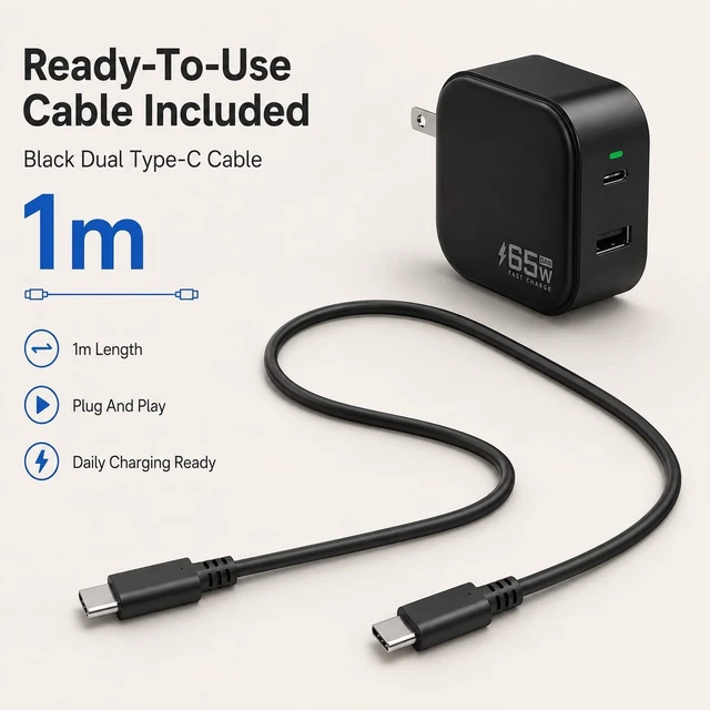 Alt view image 4 of 7 - 65W GaN 1C1A Charger with 3.3ft USB?C Cable Foldable Plug for Laptops Black