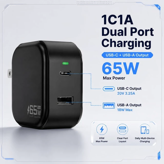 Alt view image 3 of 7 - 65W GaN 1C1A Charger with 3.3ft USB?C Cable Foldable Plug for Laptops Black