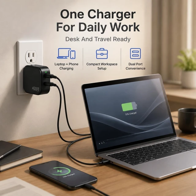 Alt view image 6 of 7 - 65W GaN 1C1A Charger with 3.3ft USB?C Cable Foldable Plug for Laptops Black