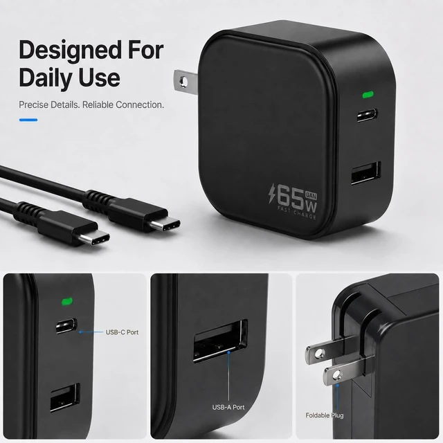 Alt view image 7 of 7 - 65W GaN 1C1A Charger with 3.3ft USB?C Cable Foldable Plug for Laptops Black