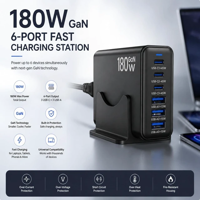 Alt view image 2 of 7 - 180W GaN USB C Charging Station 6 Port Desktop Charger