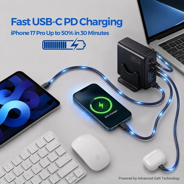 Alt view image 3 of 7 - 180W GaN USB C Charging Station 6 Port Desktop Charger