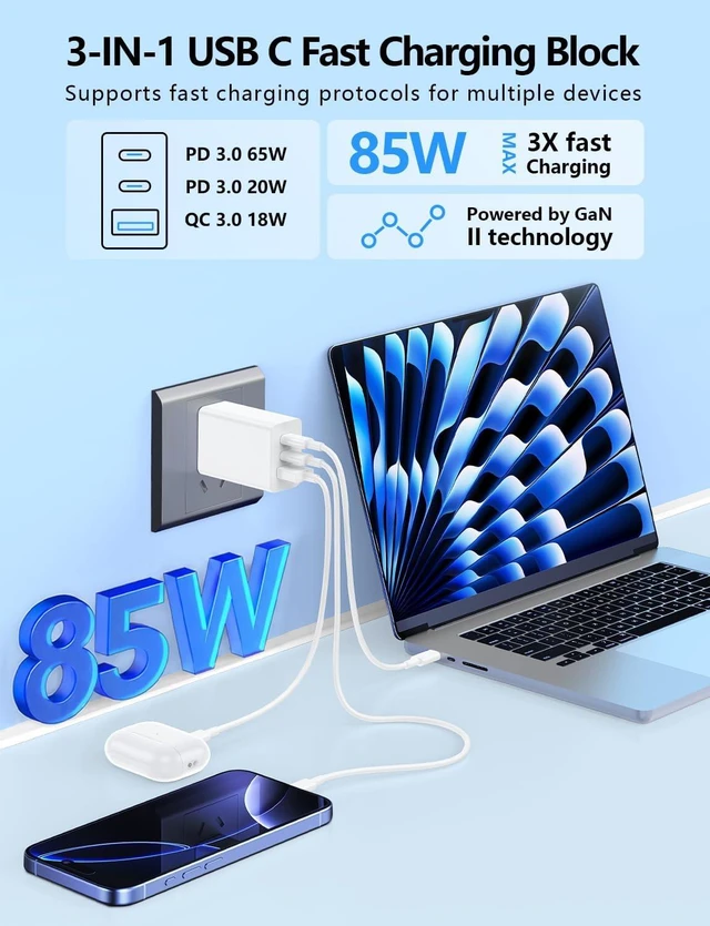 Alt view image 2 of 7 - 85W USB C Charger for iPhone 18 17 16 Pro Max 3-Port PD 3.0 GaN