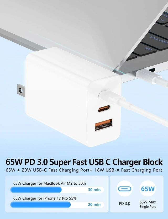 Alt view image 3 of 7 - 85W USB C Charger for iPhone 18 17 16 Pro Max 3-Port PD 3.0 GaN