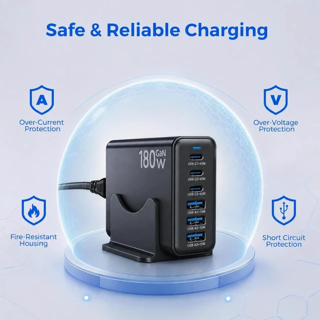 Alt view image 5 of 7 - 180W GaN USB C Charging Station 6 Port Desktop Charger