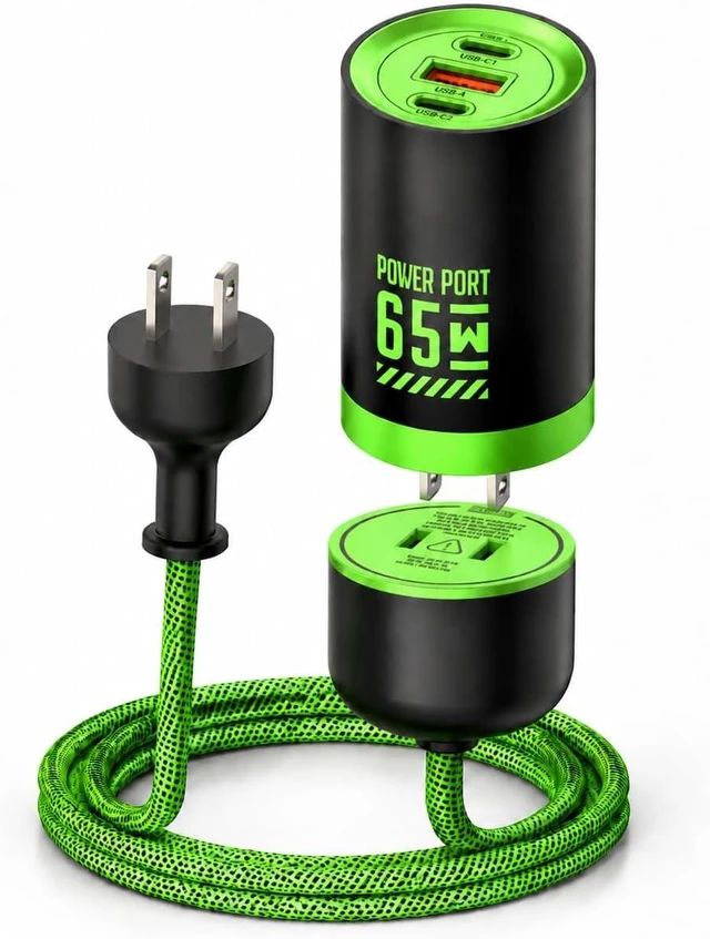 Main image of 65W 3-Port GaN USB C Charger with Detachable 5Ft Cord Cyber Green