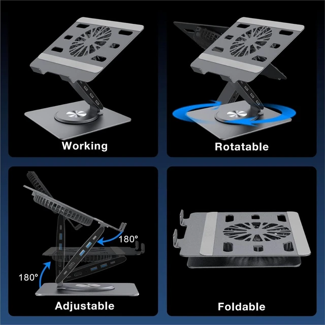 Alt view image 2 of 7 - USB-C Hub Laptop Stand with Fan Aluminum Laptop Riser with Docking Station 9-IN-1 4K@60Hz HDMI 100W PD Charging USB 3.0 3.5mm Audio 360° Swivel for MacBook Pro/Air iPad Pro & Type-C Laptops