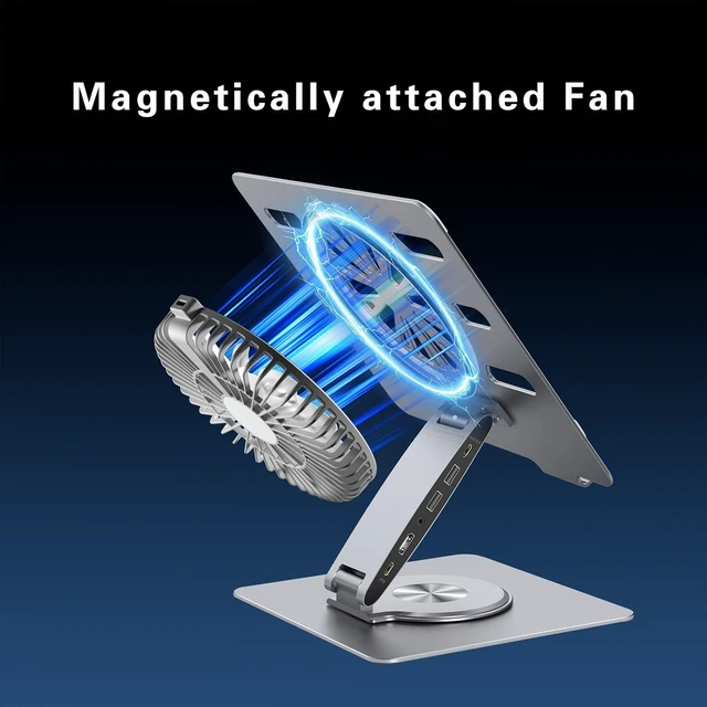 Alt view image 5 of 7 - USB-C Hub Laptop Stand with Fan Aluminum Laptop Riser with Docking Station 9-IN-1 4K@60Hz HDMI 100W PD Charging USB 3.0 3.5mm Audio 360° Swivel for MacBook Pro/Air iPad Pro & Type-C Laptops