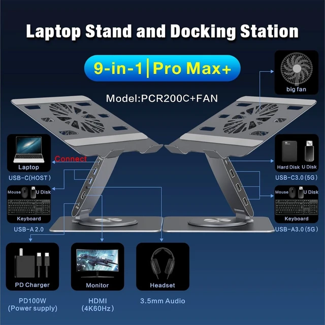 Alt view image 4 of 7 - USB-C Hub Laptop Stand with Fan Aluminum Laptop Riser with Docking Station 9-IN-1 4K@60Hz HDMI 100W PD Charging USB 3.0 3.5mm Audio 360° Swivel for MacBook Pro/Air iPad Pro & Type-C Laptops