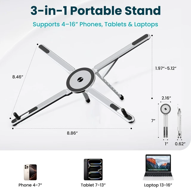 Alt view image 3 of 7 - 4-in-1 Aluminum Portable Laptop Stand Magnetic Phone Holder
