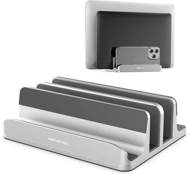 Main image of Vertical Laptop Stand 3 Slots Aluminum Desk Laptop Holder & Laptop Docking Station Stand for MacBook Tablet Phone - Universal Fit (Up to 17.3) - Heavy Duty Polished Anti Slide - Silver