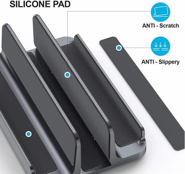 Alt view image 3 of 7 - 3-Slot Aluminum Vertical Laptop Stand for Desk - Adjustable Width Dock for MacBook Surface Samsung up to 17.3 inches - Space-Saving & Protective Design - Gray
