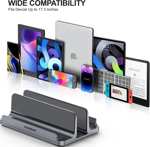 Alt view image 7 of 7 - 3-Slot Aluminum Vertical Laptop Stand for Desk - Adjustable Width Dock for MacBook Surface Samsung up to 17.3 inches - Space-Saving & Protective Design - Gray