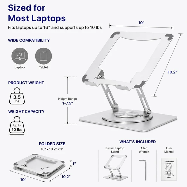Alt view image 5 of 7 - Swivel Laptop Stand for Desk 360 Riser Arctic Silver