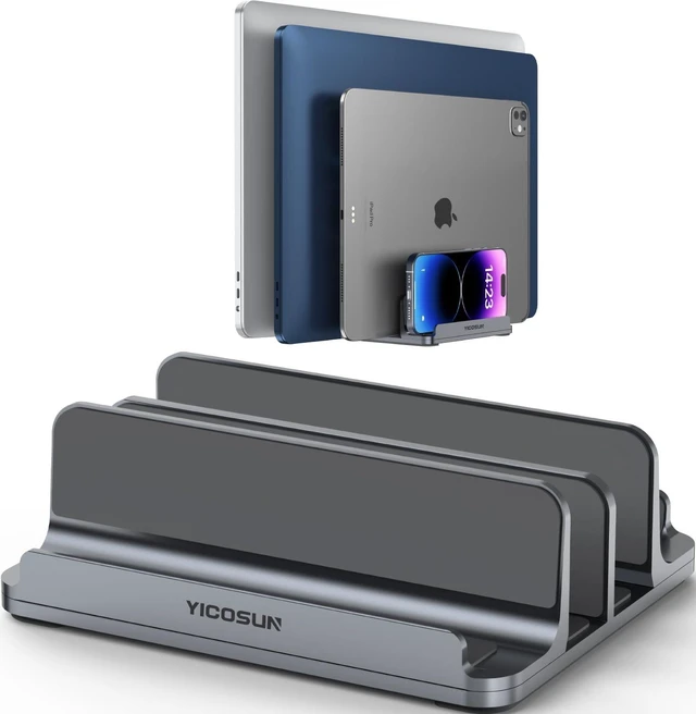 Main image of 4-Slot Aluminum Vertical Laptop Stand for Desk - Adjustable Width Dock for MacBook Surface Samsung up to 17.3 inches - Space-Saving & Protective Design - Gray