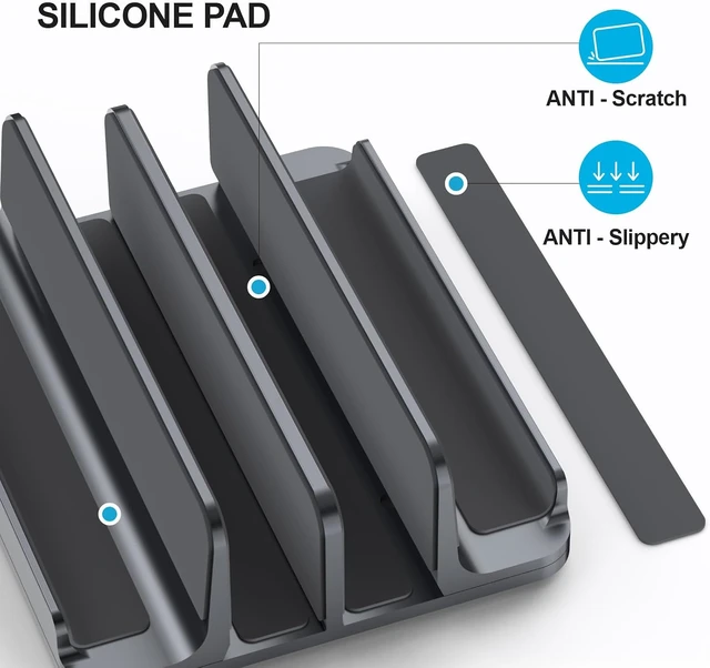 Alt view image 3 of 7 - 4-Slot Aluminum Vertical Laptop Stand for Desk - Adjustable Width Dock for MacBook Surface Samsung up to 17.3 inches - Space-Saving & Protective Design - Gray