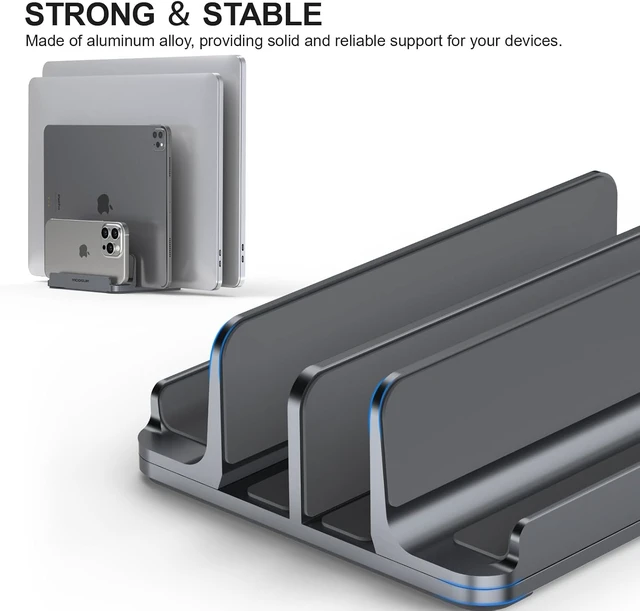 Alt view image 4 of 7 - 4-Slot Aluminum Vertical Laptop Stand for Desk - Adjustable Width Dock for MacBook Surface Samsung up to 17.3 inches - Space-Saving & Protective Design - Gray