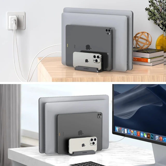 Alt view image 5 of 7 - 4-Slot Aluminum Vertical Laptop Stand for Desk - Adjustable Width Dock for MacBook Surface Samsung up to 17.3 inches - Space-Saving & Protective Design - Gray