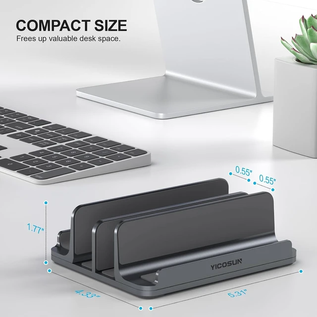Alt view image 6 of 7 - 4-Slot Aluminum Vertical Laptop Stand for Desk - Adjustable Width Dock for MacBook Surface Samsung up to 17.3 inches - Space-Saving & Protective Design - Gray